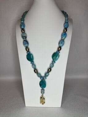 447. Blue Aqua Beaded Statement Necklace Gold Tone Elephant Charm